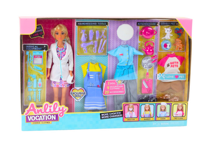 Boneca Anlily 4 em 1 Médica Cabeleireira Cozinheira com Animais Roupa e Acessórios
