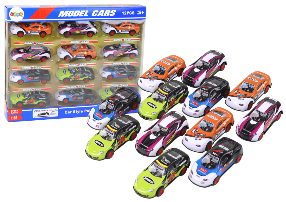 Conjunto de Carros Desportivos com Fricção 1:55 12 Peças Coloridas