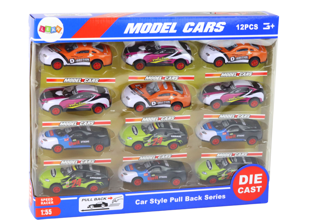 Conjunto de Carros Desportivos com Fricção 1:55 12 Peças Coloridas