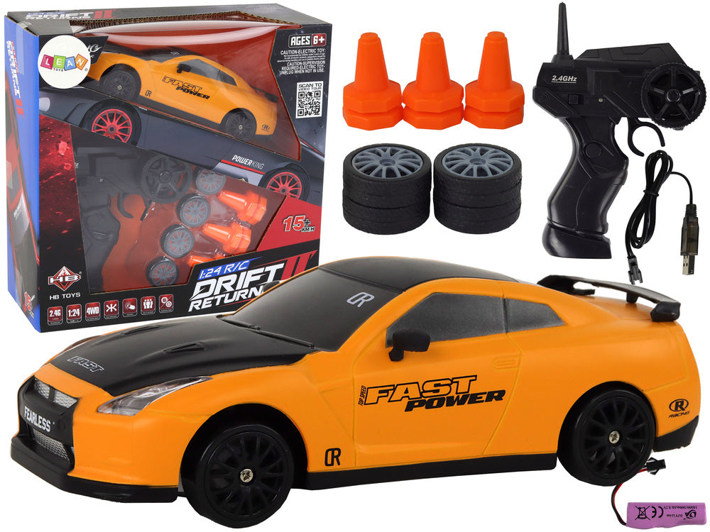 Carro Desportivo RC 1:24 Amarelo com Rodas Intercambiáveis