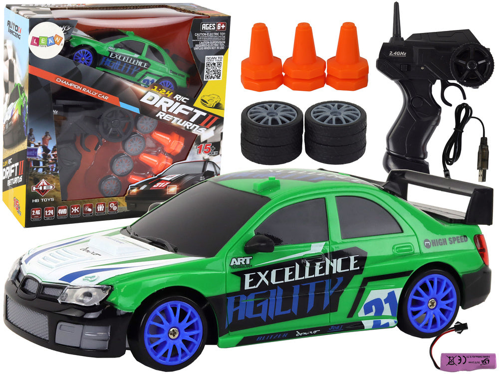 Carro Desportivo RC 1:24 Verde com Rodas Intercambiáveis
