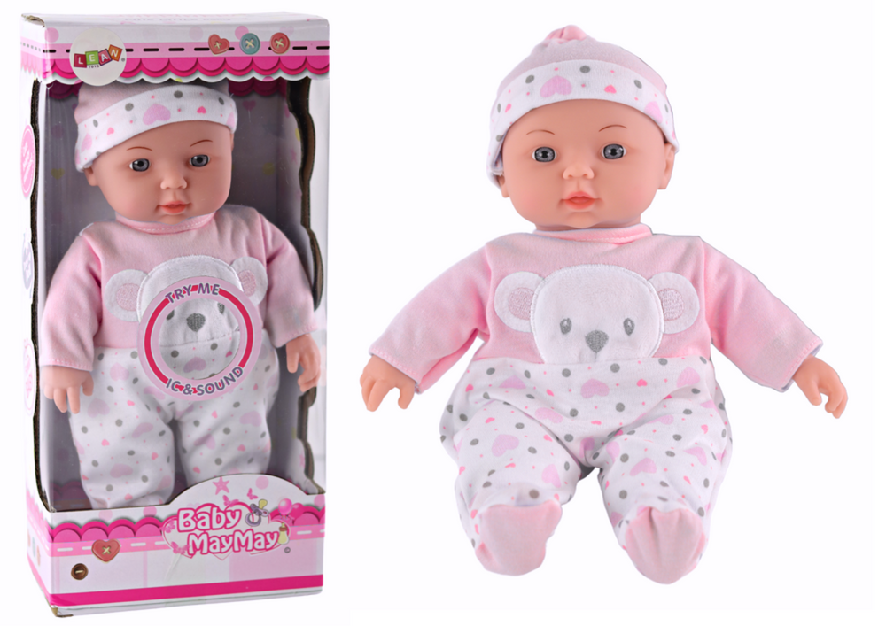 Boneca bebé com pijama rosa chapéu ursinho e som
