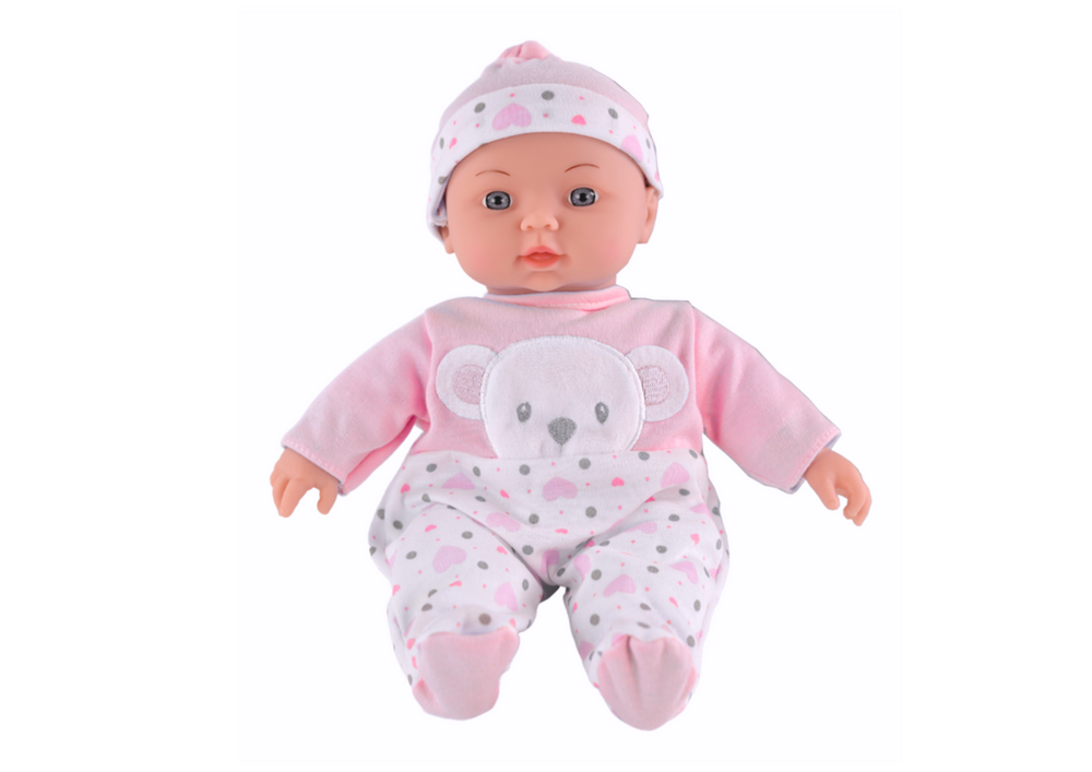 Boneca bebé com pijama rosa chapéu ursinho e som