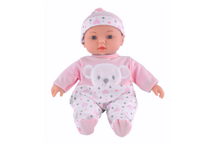Boneca bebé com pijama rosa chapéu ursinho e som