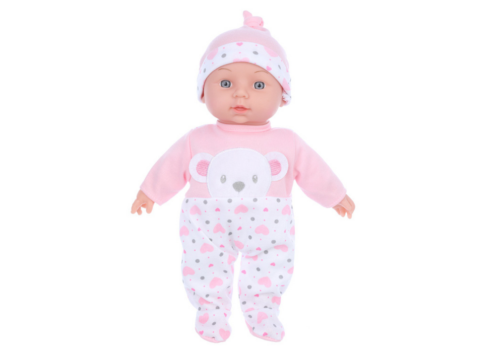 Boneca bebé com pijama rosa chapéu ursinho e som