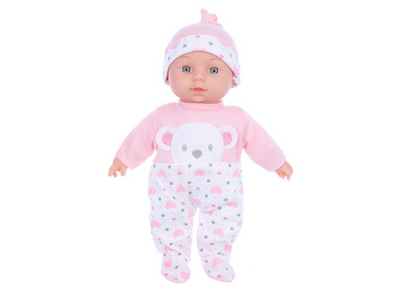 Boneca bebé com pijama rosa chapéu ursinho e som