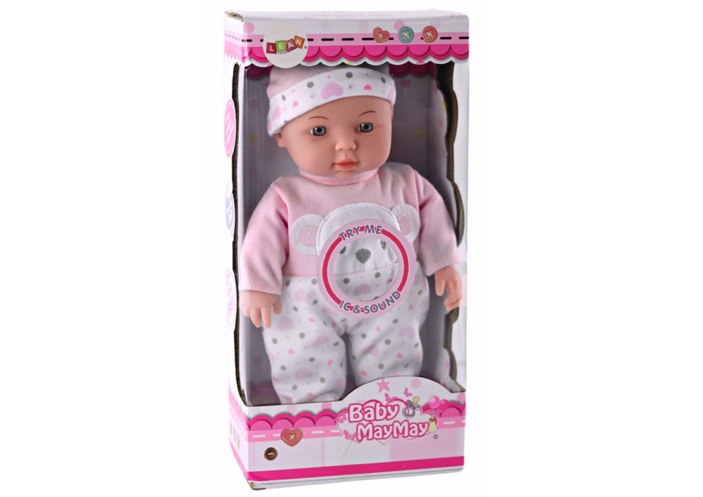 Boneca bebé com pijama rosa chapéu ursinho e som