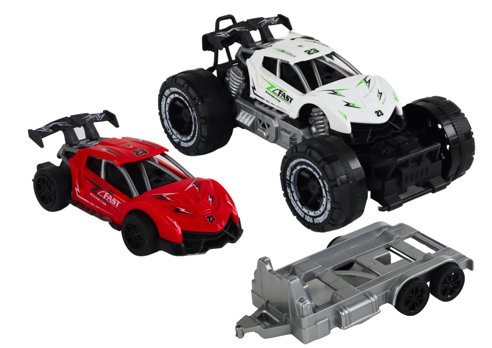 Conjunto carro todo-o-terreno branco carro desportivo vermelho e reboque