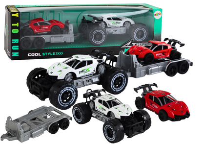 Conjunto carro todo-o-terreno branco carro desportivo vermelho e reboque