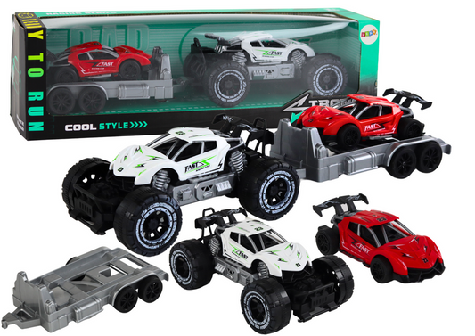 Conjunto carro todo-o-terreno branco carro desportivo vermelho e reboque