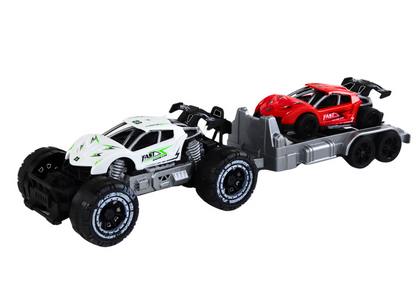 Conjunto carro todo-o-terreno branco carro desportivo vermelho e reboque