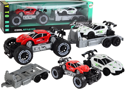 Conjunto carro todo-o-terreno vermelho carro desportivo branco e reboque