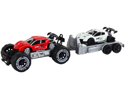 Conjunto carro todo-o-terreno vermelho carro desportivo branco e reboque