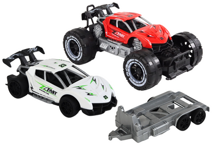Conjunto carro todo-o-terreno vermelho carro desportivo branco e reboque