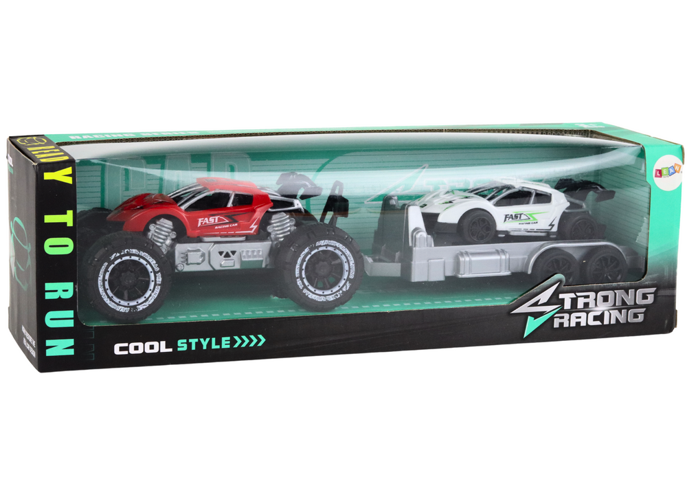 Conjunto carro todo-o-terreno vermelho carro desportivo branco e reboque