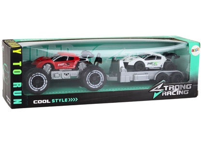 Conjunto carro todo-o-terreno vermelho carro desportivo branco e reboque