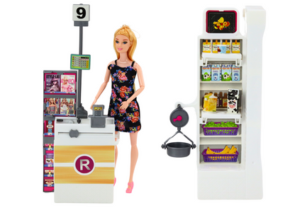 Conjunto boneca supermercado com carrinho prateleiras e alimentos