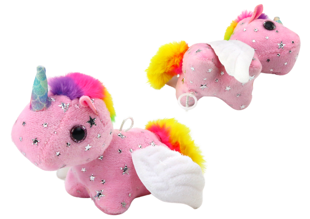 Unicórnio peluche saltitante com pega rosa (1 unidade)
