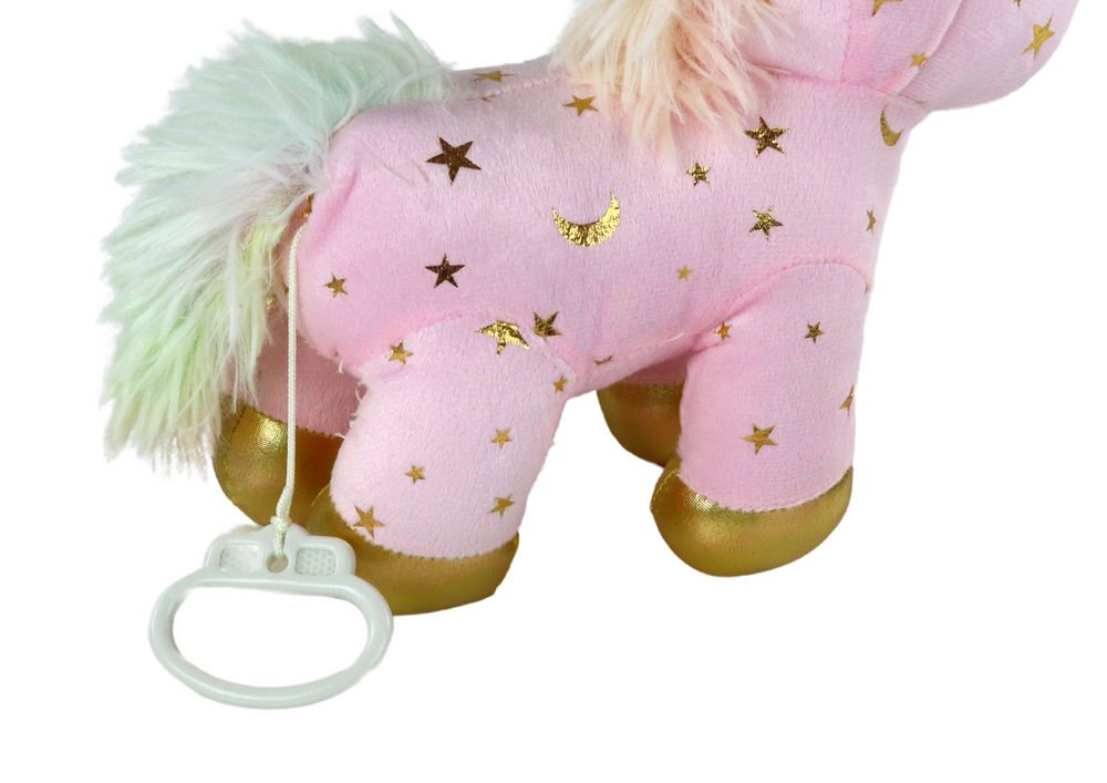 Unicórnio peluche dormir com luz e canções rosa com estrelas