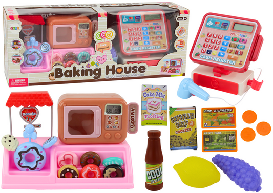 Conjunto loja donuts caixa registadora micro-ondas