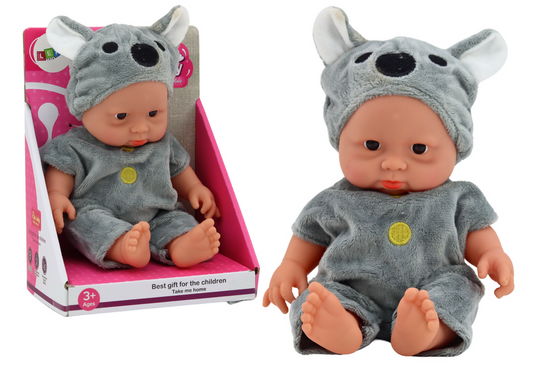 Boneca bebé pequena roupa cinza chapéu koala