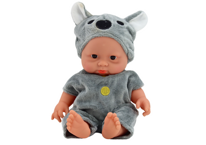 Boneca bebé pequena roupa cinza chapéu koala