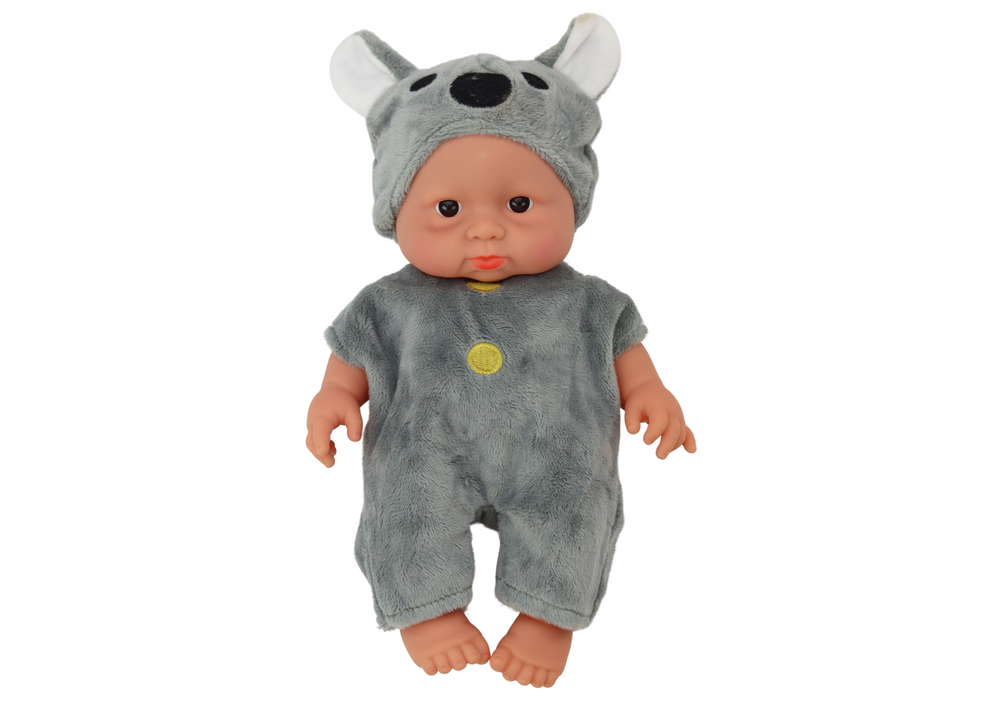 Boneca bebé pequena roupa cinza chapéu koala