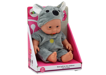 Boneca bebé pequena roupa cinza chapéu koala
