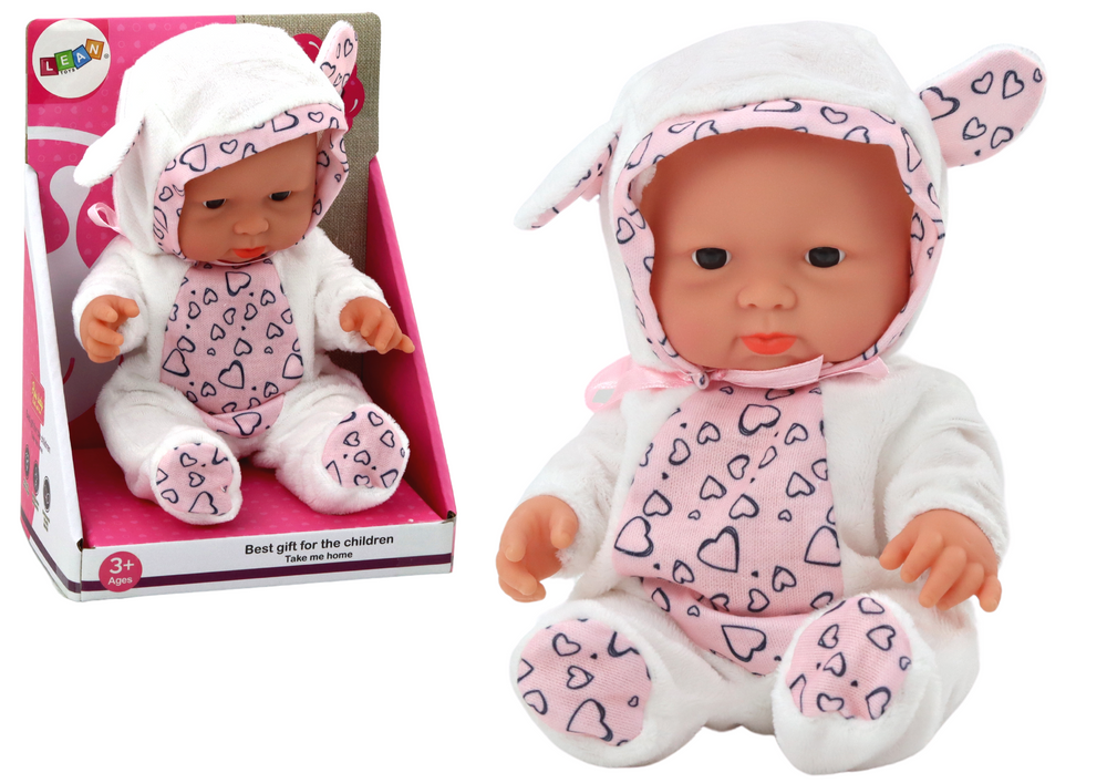 Boneca bebé pequena roupa branca chapéu laço orelhas