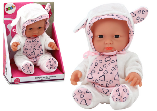 Boneca bebé pequena roupa branca chapéu laço orelhas