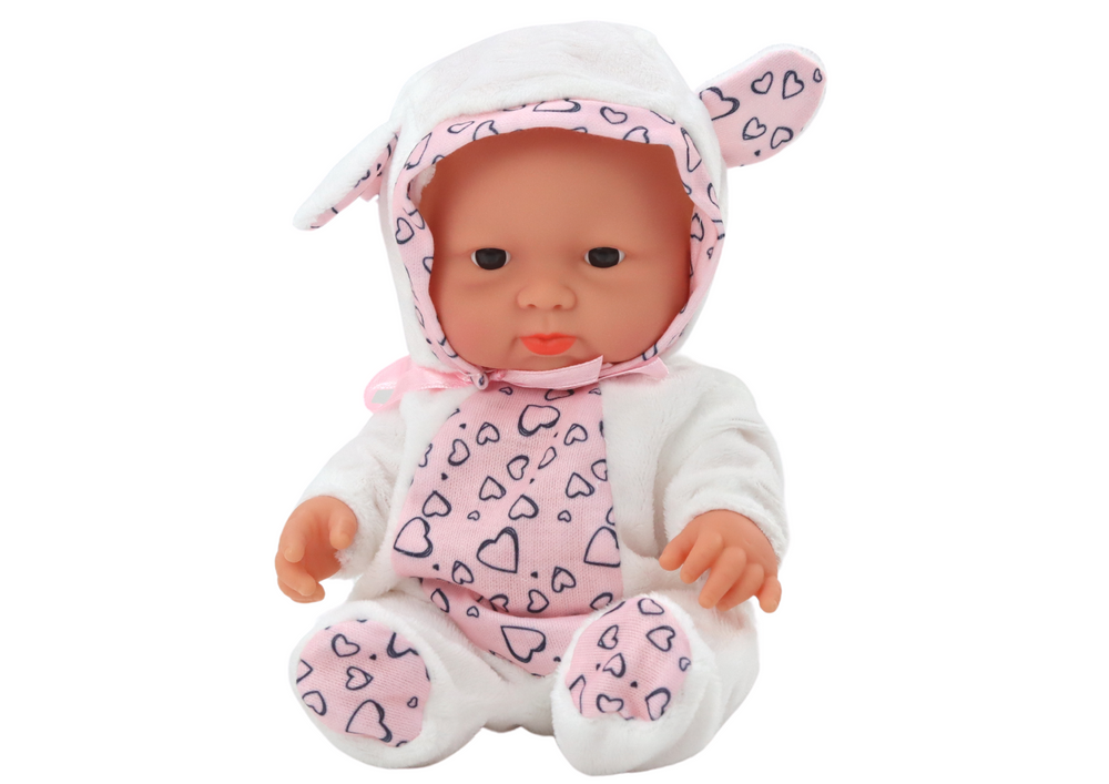 Boneca bebé pequena roupa branca chapéu laço orelhas