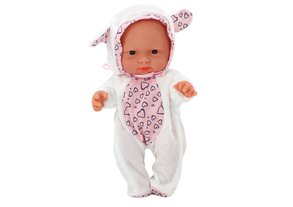 Boneca bebé pequena roupa branca chapéu laço orelhas