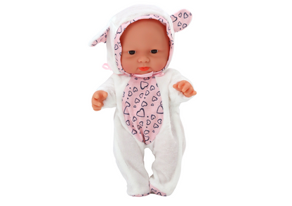 Boneca bebé pequena roupa branca chapéu laço orelhas