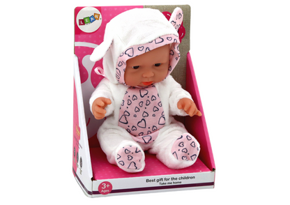 Boneca bebé pequena roupa branca chapéu laço orelhas