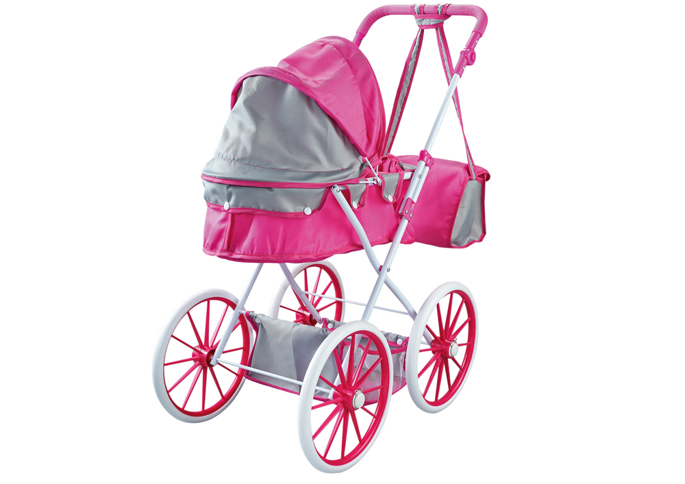 Carrinho de boneca metálico rodas grandes rosa
