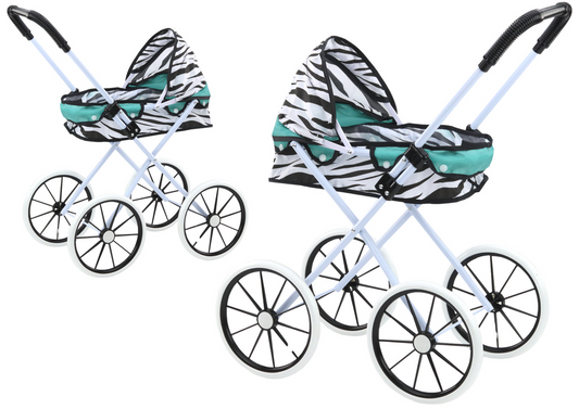 Carrinho de boneca rodas grandes dobrável zebra turquesa