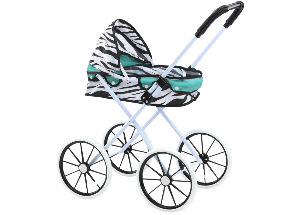 Carrinho de boneca rodas grandes dobrável zebra turquesa
