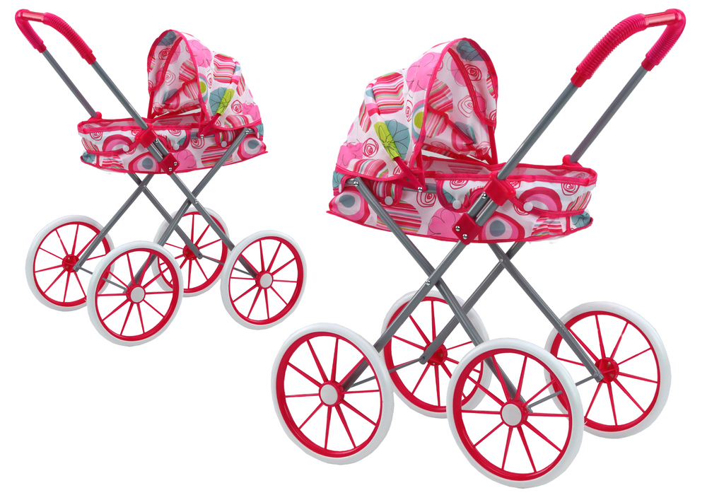 Carrinho de boneca rodas grandes dobrável padrões rosa