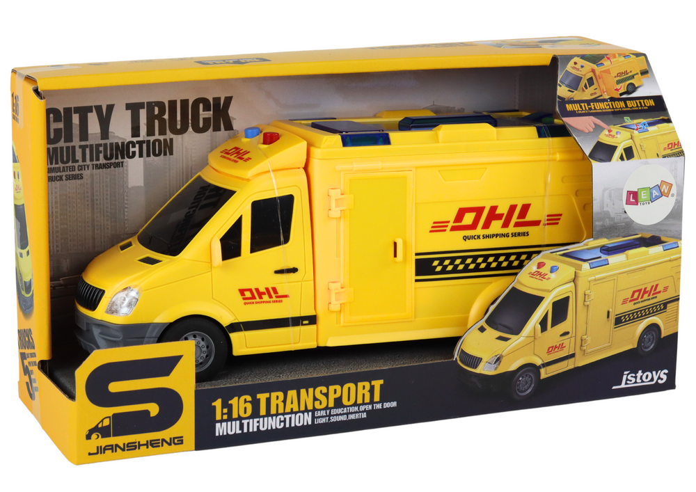 Carrinha entrega 1:16 fricção portas luz som amarelo