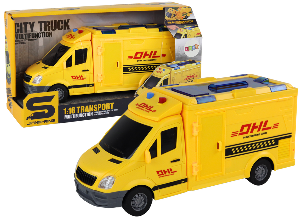 Carrinha entrega 1:16 fricção portas luz som amarelo
