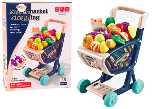 Carrinho compras infantil com alimentos para cortar azul