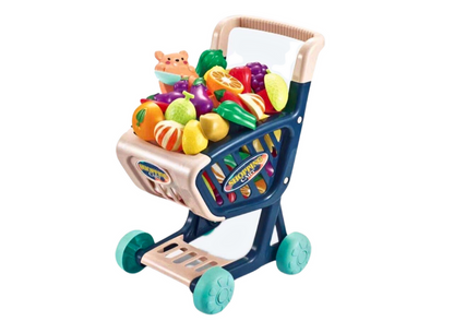 Carrinho compras infantil com alimentos para cortar azul