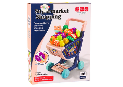Carrinho compras infantil com alimentos para cortar azul