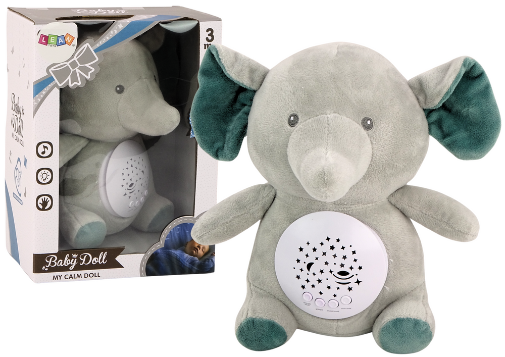 Elefante peluche projetor luz melodias cinza