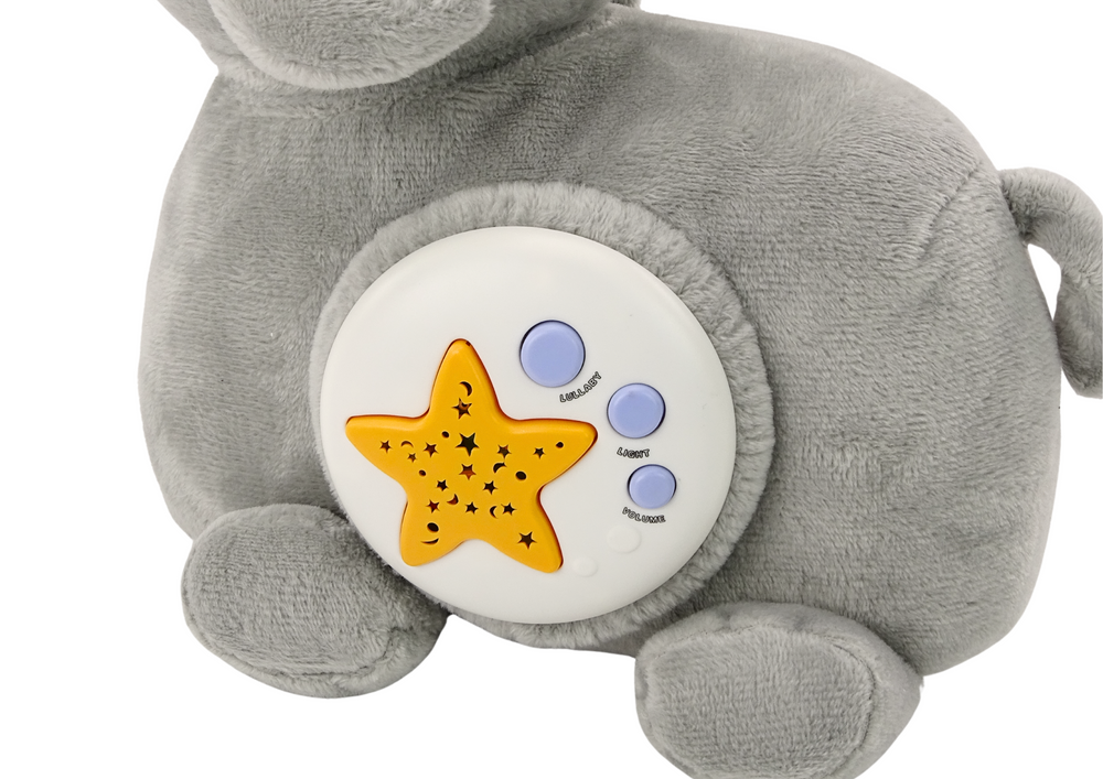 Peluche elefante projetor cinzento com luz estrelas e melodias