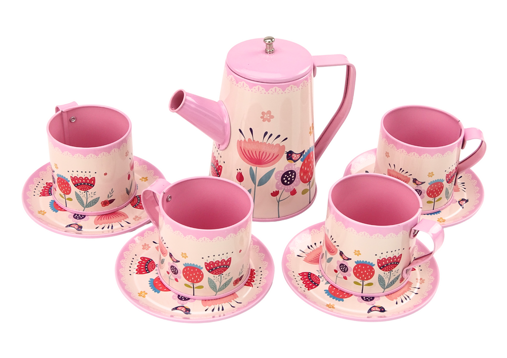 Conjunto chá café com chávenas bule e tabuleiro rosa 12 peças