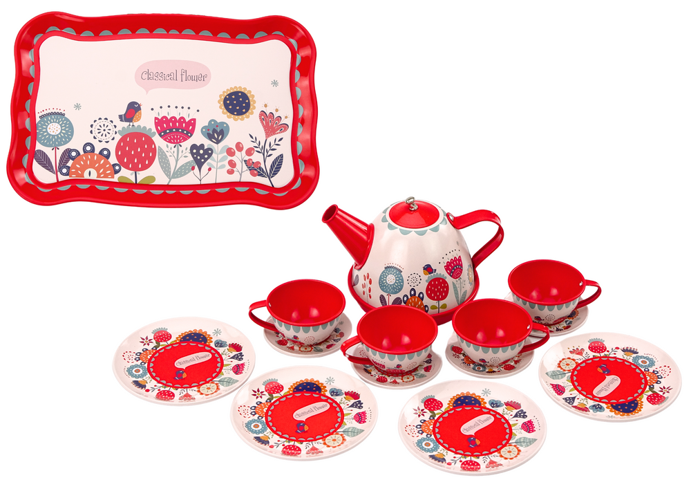 Conjunto chá café com chávenas bule e tabuleiro vermelho 15 peças