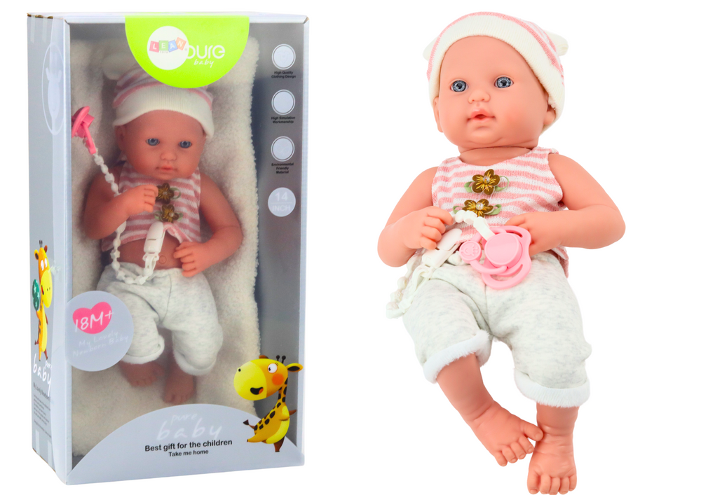 Boneca bebé roupa branca e rosa com chapéu e chupeta