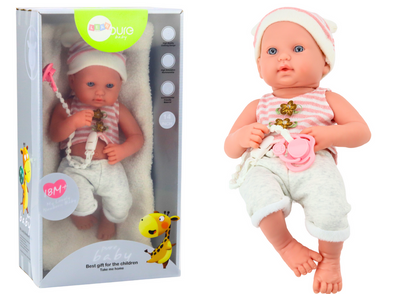 Boneca bebé roupa branca e rosa com chapéu e chupeta