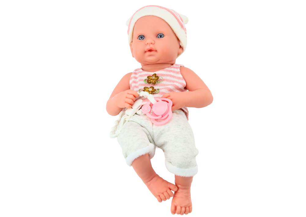 Boneca bebé roupa branca e rosa com chapéu e chupeta